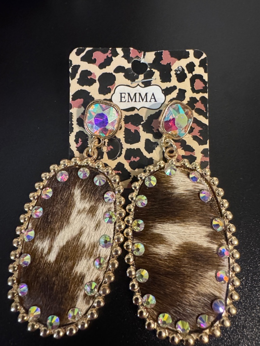 EMMA Brown Cowhide Drop Earrings with Iridescent Crystals